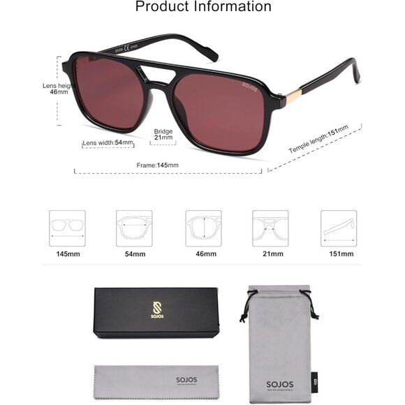 Sojos Women Mens Black Frame Trendy Rectangle Retro Aviator Shades Sunglasses - Picture 6 of 6